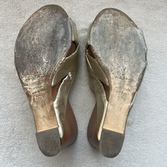 Sergio Rossi Metallic Gold Wood Wedge Heeled Sandal Women EU 37.5 US 7.5 Knotted - Picture 15 of 16